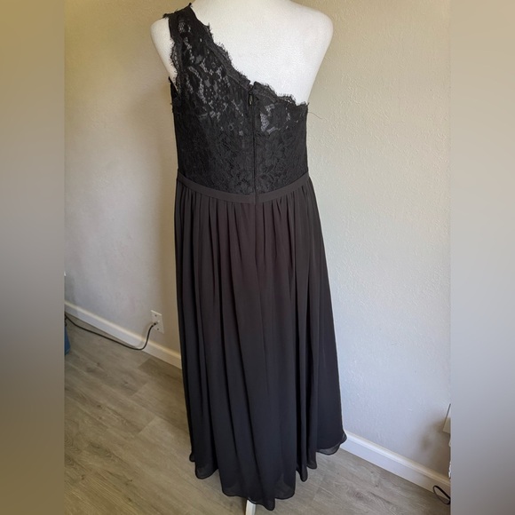 Azazie Demi Black A-Line Lace One Shoulder Chiffon Dress Womens M C Bridesmaid - Picture 3 of 5